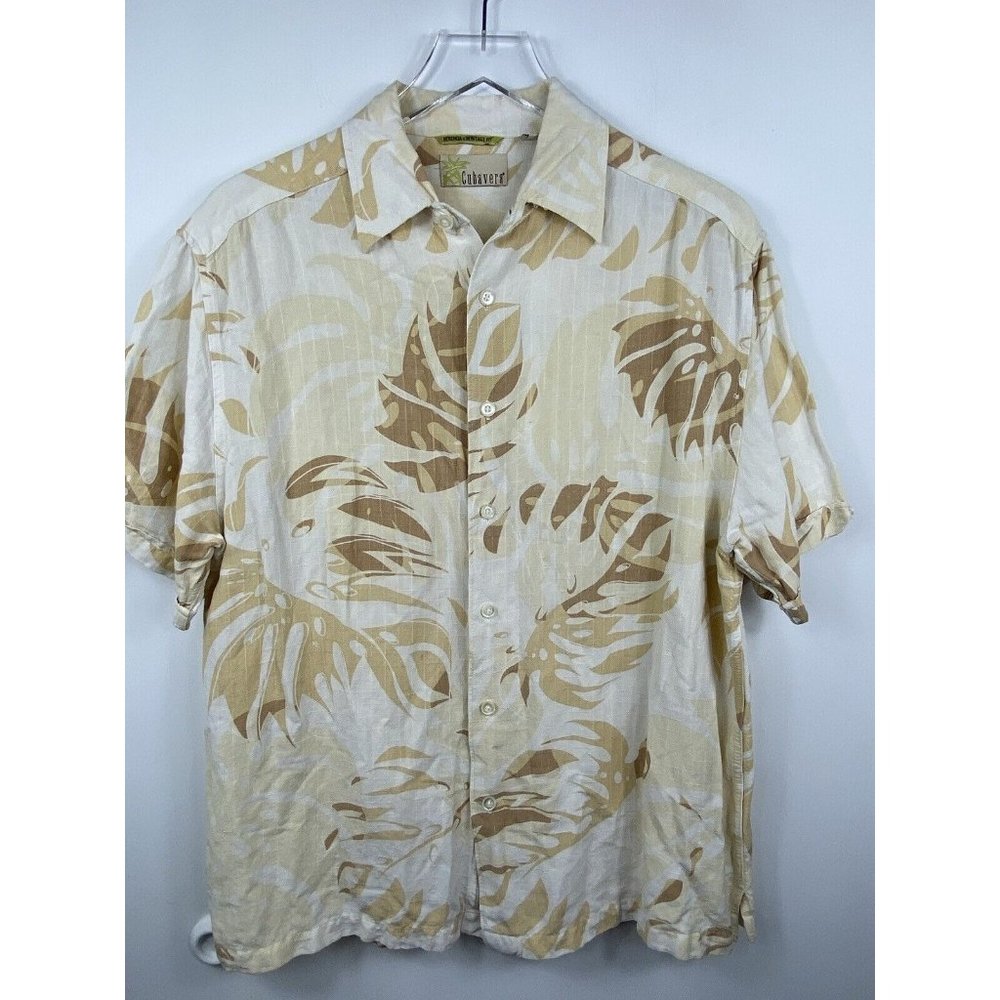 Cubavera Herencia Mens L Beige Tan Aloha Hawaiian Print Short Sleeve Shirt